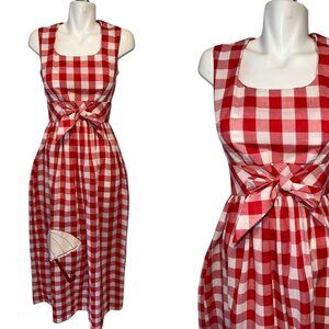 Vtg 70s Concept Swirl Red White Gingham Maxi Dress Umbrella Applique Size 10